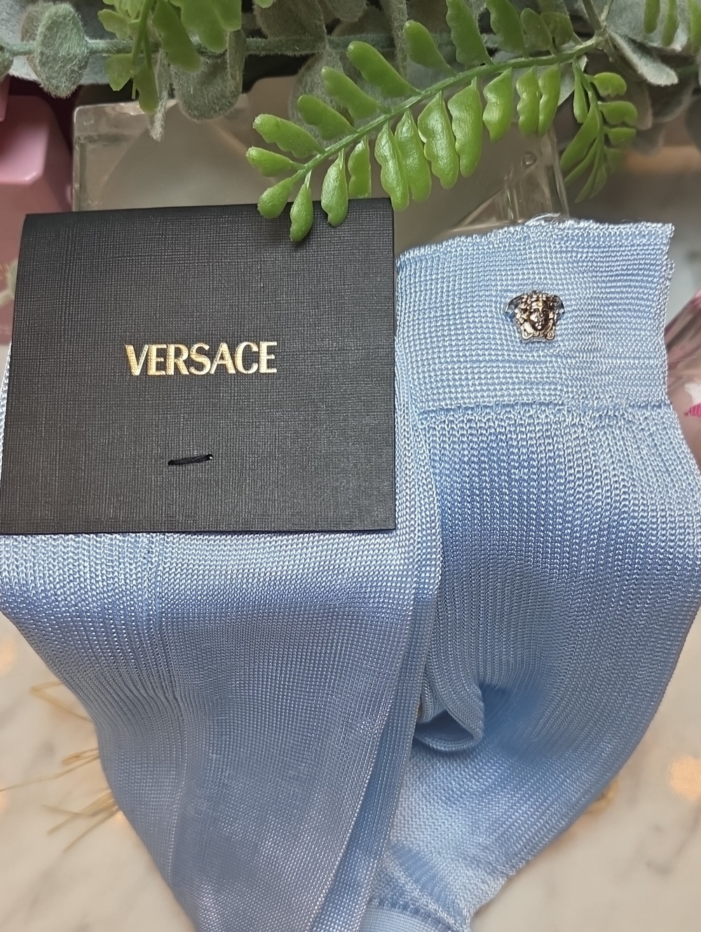 Versace Authentic Light Blue Medusa Metal Stud Emblem Knit Socks NWT